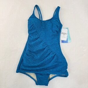 Penbrooke One Piece Swimsuit Women 10 Blue Tummy Control Chlorine Proof Textured